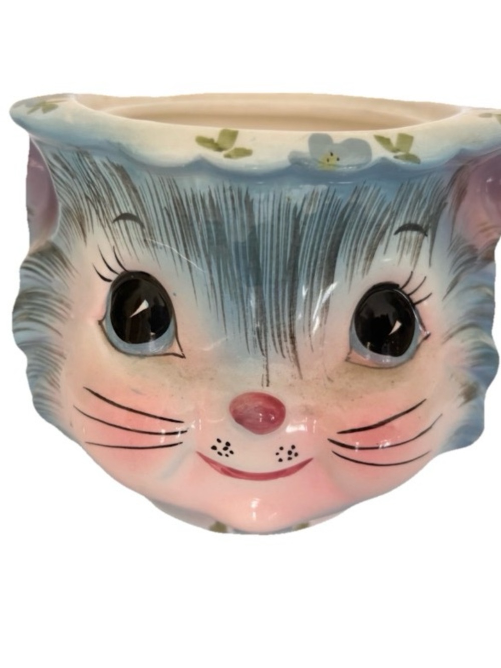 Lefton Kawaii Miss Priss Cat Face Sugar Bowl/Planter No Lid Kitschy Vintage